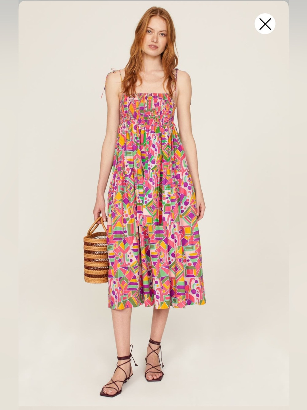 S/W/F Miro Dress Smocked Strapless Midi in Pink Geometric Print, medium